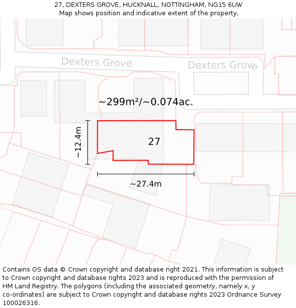 27, DEXTERS GROVE, HUCKNALL, NOTTINGHAM, NG15 6UW: Plot and title map