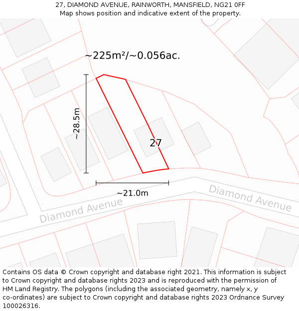 27, DIAMOND AVENUE, RAINWORTH, MANSFIELD, NG21 0FF: Plot and title map