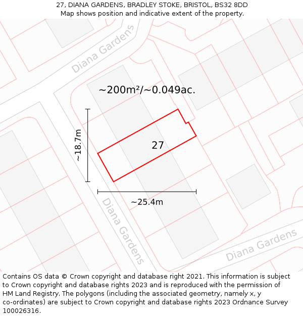27, DIANA GARDENS, BRADLEY STOKE, BRISTOL, BS32 8DD: Plot and title map