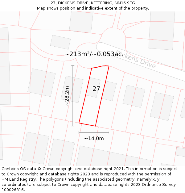 27, DICKENS DRIVE, KETTERING, NN16 9EG: Plot and title map