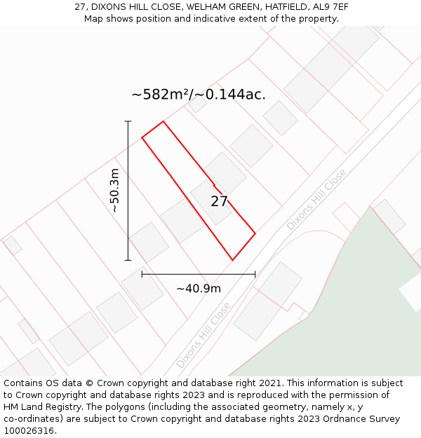 27, DIXONS HILL CLOSE, WELHAM GREEN, HATFIELD, AL9 7EF: Plot and title map