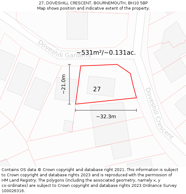 27, DOVESHILL CRESCENT, BOURNEMOUTH, BH10 5BP: Plot and title map