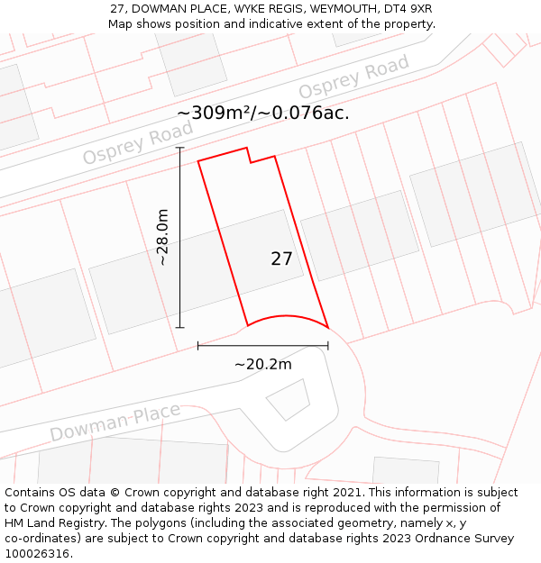 27, DOWMAN PLACE, WYKE REGIS, WEYMOUTH, DT4 9XR: Plot and title map