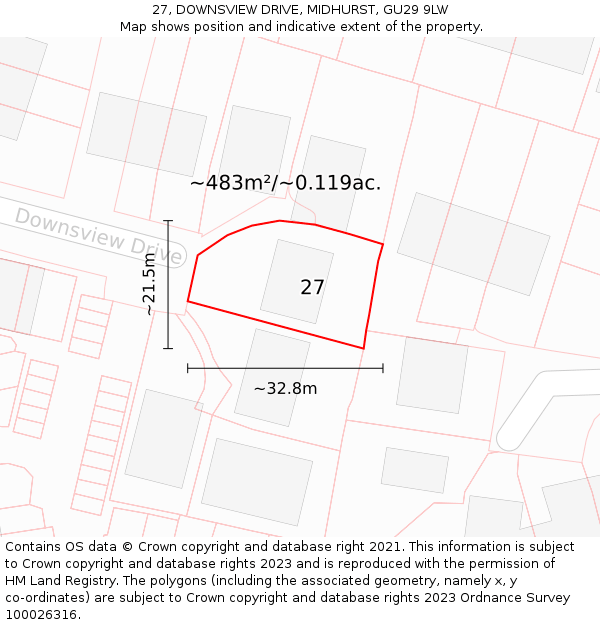 27, DOWNSVIEW DRIVE, MIDHURST, GU29 9LW: Plot and title map