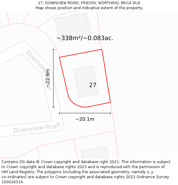 27, DOWNVIEW ROAD, FINDON, WORTHING, BN14 0UX: Plot and title map