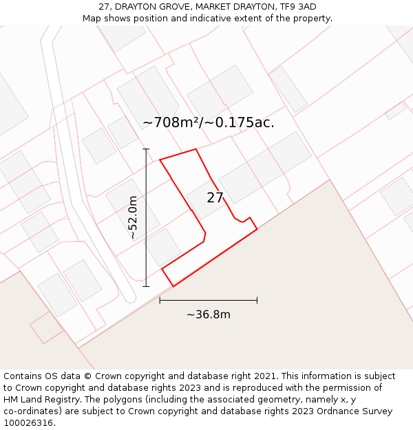 27, DRAYTON GROVE, MARKET DRAYTON, TF9 3AD: Plot and title map