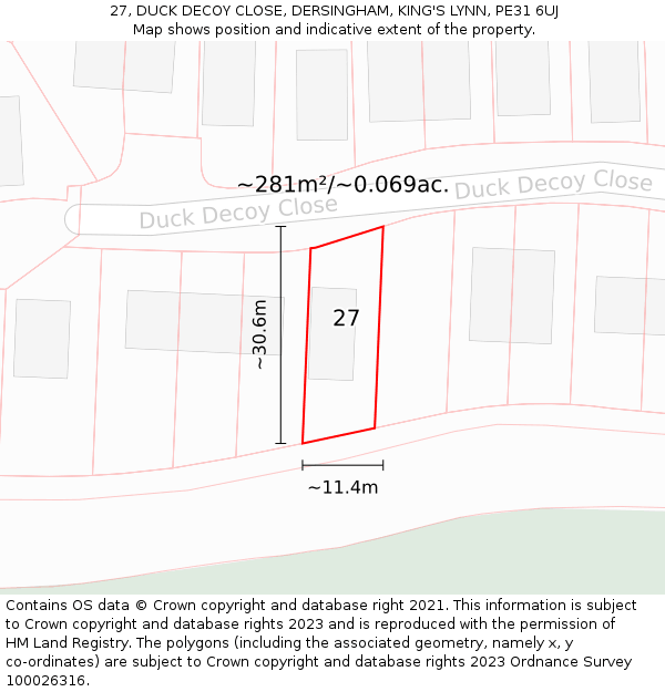 27, DUCK DECOY CLOSE, DERSINGHAM, KING'S LYNN, PE31 6UJ: Plot and title map