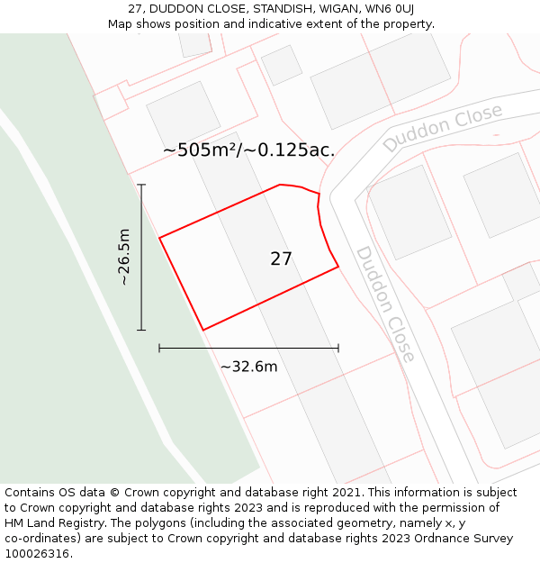27, DUDDON CLOSE, STANDISH, WIGAN, WN6 0UJ: Plot and title map