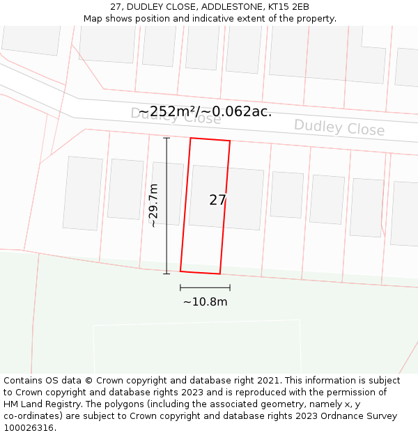 27, DUDLEY CLOSE, ADDLESTONE, KT15 2EB: Plot and title map