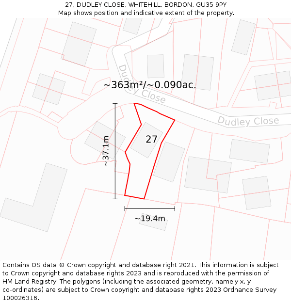 27, DUDLEY CLOSE, WHITEHILL, BORDON, GU35 9PY: Plot and title map