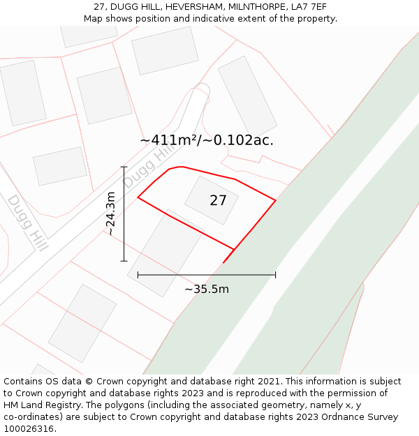 27, DUGG HILL, HEVERSHAM, MILNTHORPE, LA7 7EF: Plot and title map