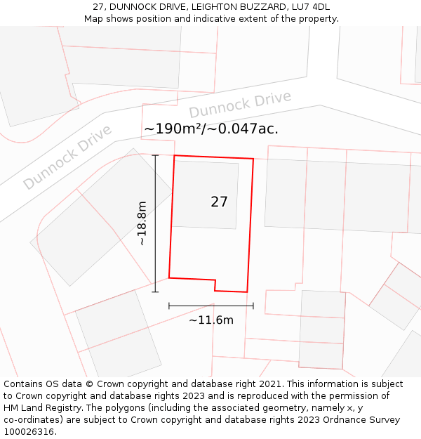 27, DUNNOCK DRIVE, LEIGHTON BUZZARD, LU7 4DL: Plot and title map