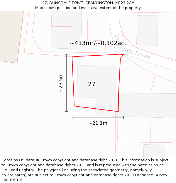 27, DUNSDALE DRIVE, CRAMLINGTON, NE23 2GA: Plot and title map