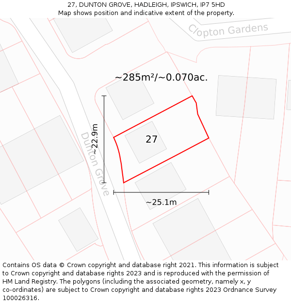27, DUNTON GROVE, HADLEIGH, IPSWICH, IP7 5HD: Plot and title map