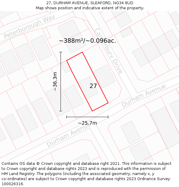 27, DURHAM AVENUE, SLEAFORD, NG34 8UD: Plot and title map