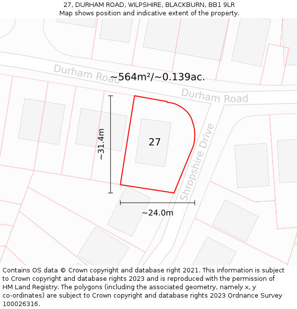 27, DURHAM ROAD, WILPSHIRE, BLACKBURN, BB1 9LR: Plot and title map