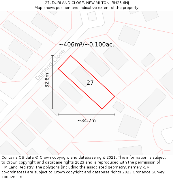 27, DURLAND CLOSE, NEW MILTON, BH25 6NJ: Plot and title map