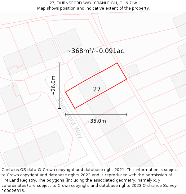 27, DURNSFORD WAY, CRANLEIGH, GU6 7LW: Plot and title map
