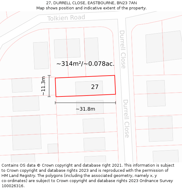 27, DURRELL CLOSE, EASTBOURNE, BN23 7AN: Plot and title map