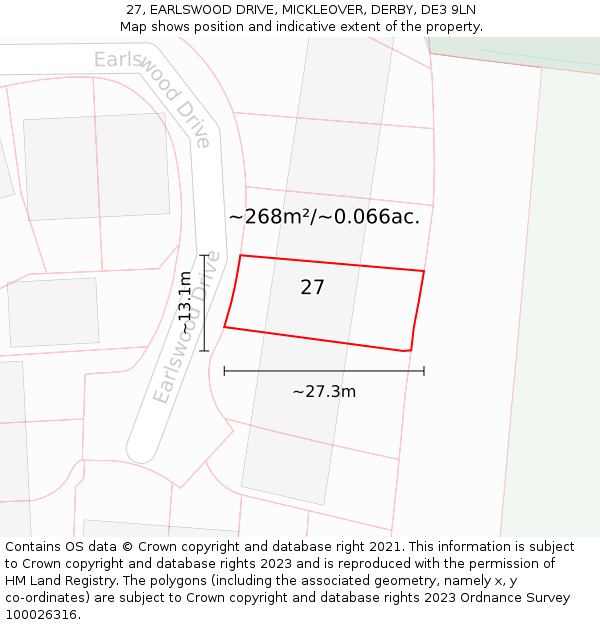 27, EARLSWOOD DRIVE, MICKLEOVER, DERBY, DE3 9LN: Plot and title map