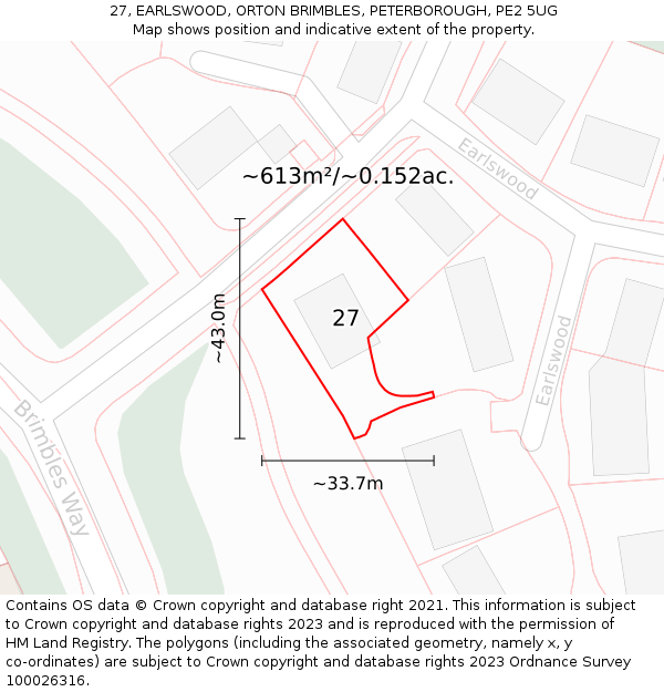 27, EARLSWOOD, ORTON BRIMBLES, PETERBOROUGH, PE2 5UG: Plot and title map