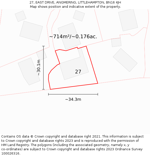 27, EAST DRIVE, ANGMERING, LITTLEHAMPTON, BN16 4JH: Plot and title map