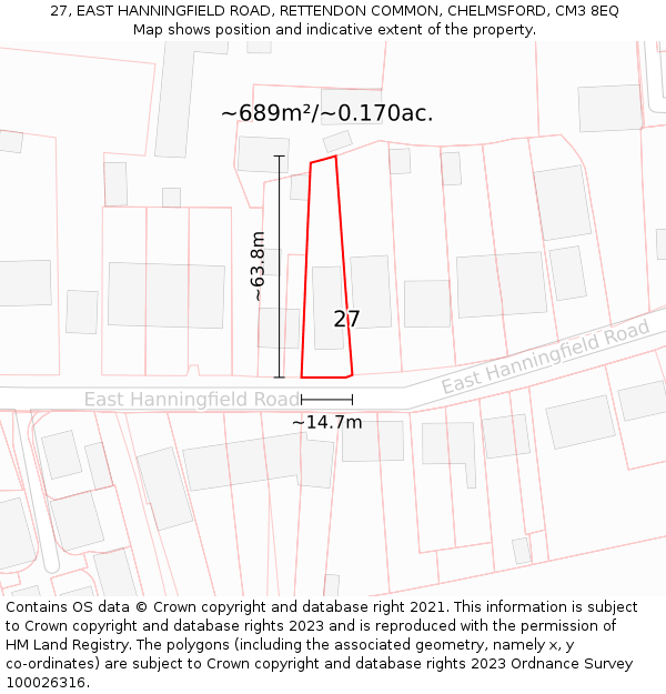 27, EAST HANNINGFIELD ROAD, RETTENDON COMMON, CHELMSFORD, CM3 8EQ: Plot and title map