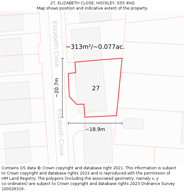 27, ELIZABETH CLOSE, HOCKLEY, SS5 4NQ: Plot and title map