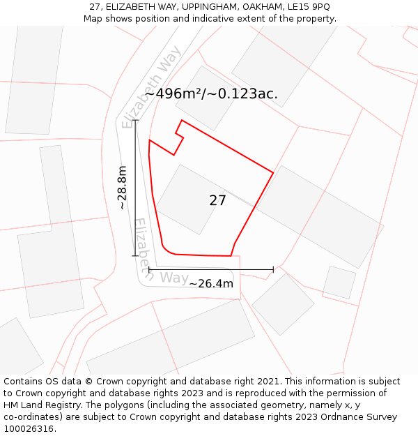 27, ELIZABETH WAY, UPPINGHAM, OAKHAM, LE15 9PQ: Plot and title map