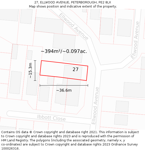 27, ELLWOOD AVENUE, PETERBOROUGH, PE2 8LX: Plot and title map