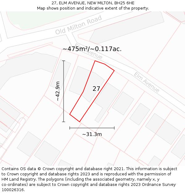 27, ELM AVENUE, NEW MILTON, BH25 6HE: Plot and title map