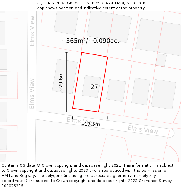 27, ELMS VIEW, GREAT GONERBY, GRANTHAM, NG31 8LR: Plot and title map