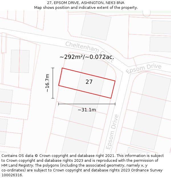 27, EPSOM DRIVE, ASHINGTON, NE63 8NA: Plot and title map