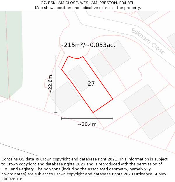 27, ESKHAM CLOSE, WESHAM, PRESTON, PR4 3EL: Plot and title map