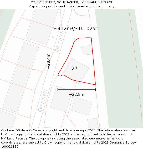 27, EVERSFIELD, SOUTHWATER, HORSHAM, RH13 9GF: Plot and title map