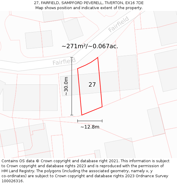 27, FAIRFIELD, SAMPFORD PEVERELL, TIVERTON, EX16 7DE: Plot and title map