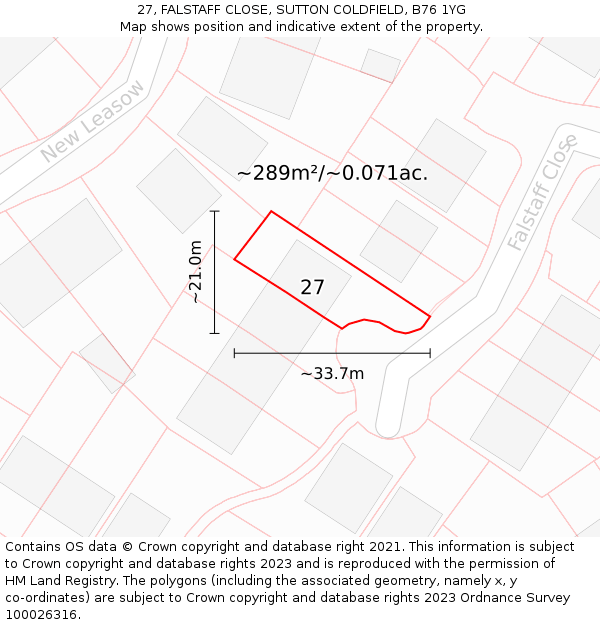 27, FALSTAFF CLOSE, SUTTON COLDFIELD, B76 1YG: Plot and title map