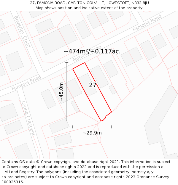 27, FAMONA ROAD, CARLTON COLVILLE, LOWESTOFT, NR33 8JU: Plot and title map