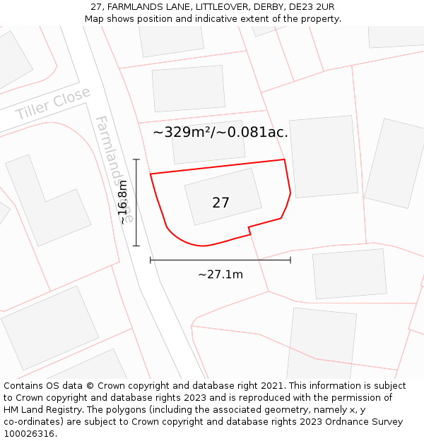27, FARMLANDS LANE, LITTLEOVER, DERBY, DE23 2UR: Plot and title map