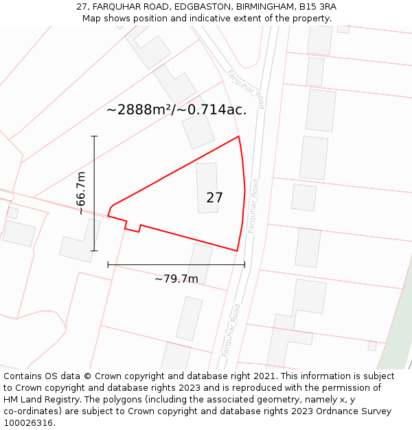 27, FARQUHAR ROAD, EDGBASTON, BIRMINGHAM, B15 3RA: Plot and title map