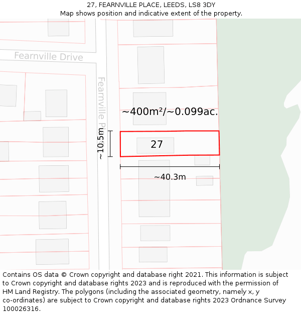 27, FEARNVILLE PLACE, LEEDS, LS8 3DY: Plot and title map