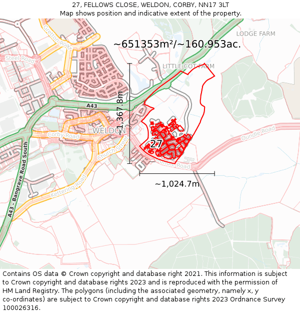 27, FELLOWS CLOSE, WELDON, CORBY, NN17 3LT: Plot and title map