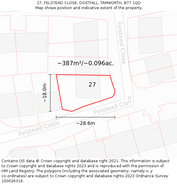 27, FELSTEAD CLOSE, DOSTHILL, TAMWORTH, B77 1QD: Plot and title map