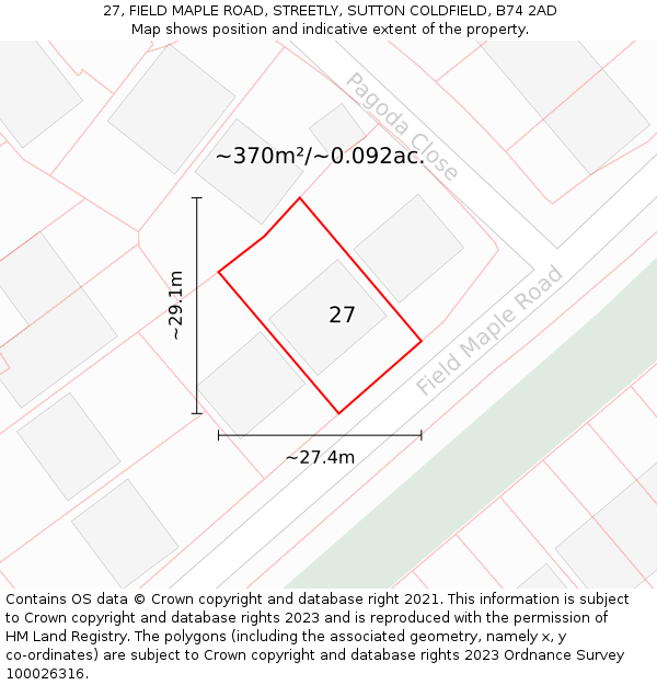 27, FIELD MAPLE ROAD, STREETLY, SUTTON COLDFIELD, B74 2AD: Plot and title map