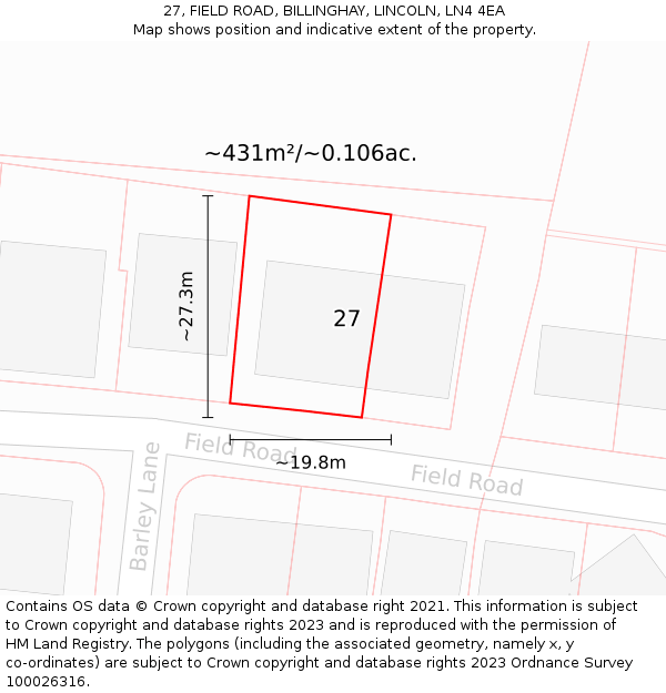 27, FIELD ROAD, BILLINGHAY, LINCOLN, LN4 4EA: Plot and title map