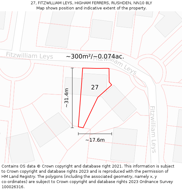 27, FITZWILLIAM LEYS, HIGHAM FERRERS, RUSHDEN, NN10 8LY: Plot and title map