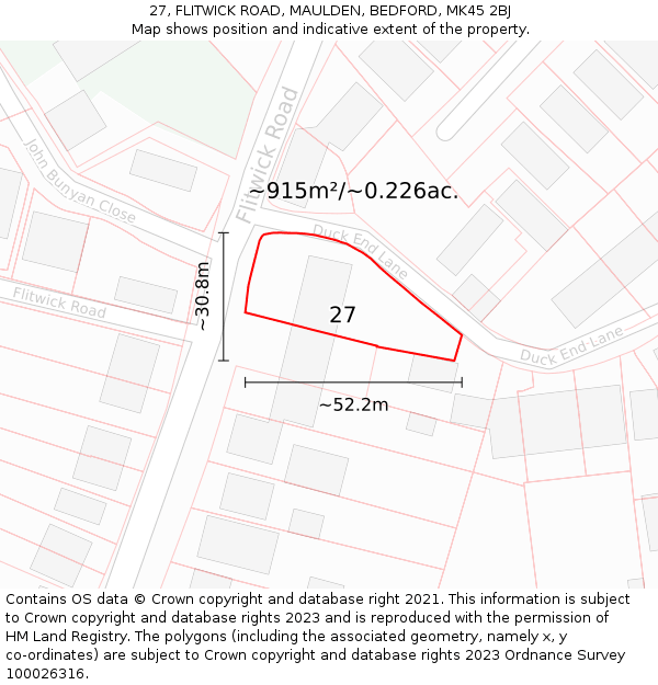 27, FLITWICK ROAD, MAULDEN, BEDFORD, MK45 2BJ: Plot and title map