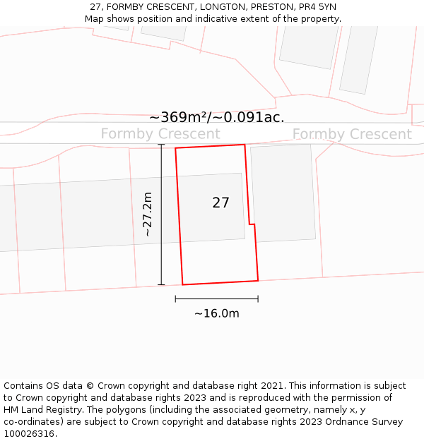 27, FORMBY CRESCENT, LONGTON, PRESTON, PR4 5YN: Plot and title map