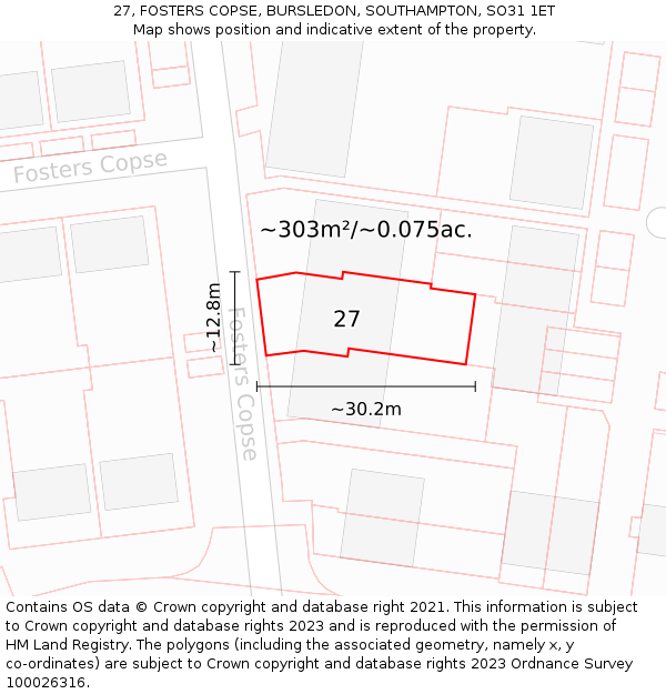 27, FOSTERS COPSE, BURSLEDON, SOUTHAMPTON, SO31 1ET: Plot and title map