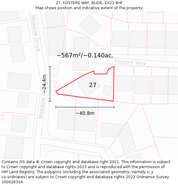 27, FOSTERS WAY, BUDE, EX23 8HF: Plot and title map